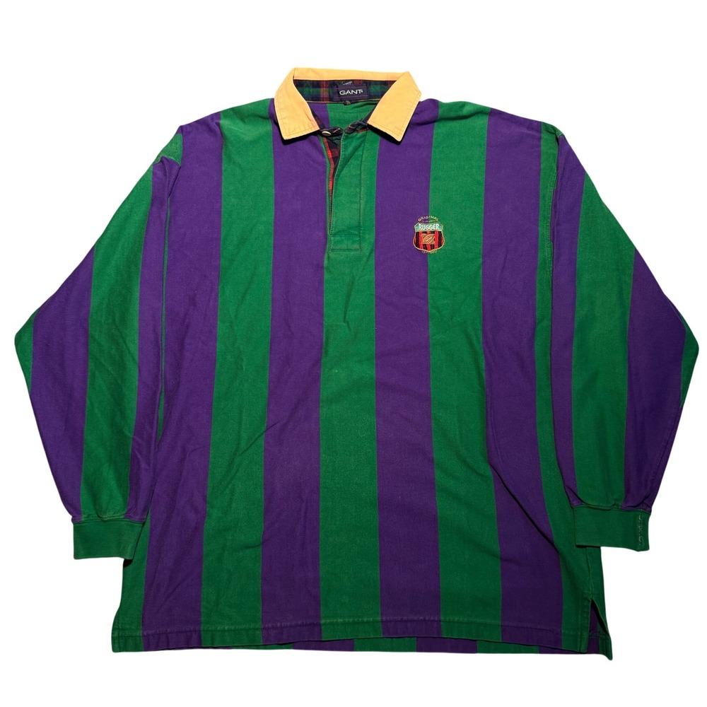 Vintage Gant Original Rugger Rugby Shirt Mens XL Green Purple Striped Cotton